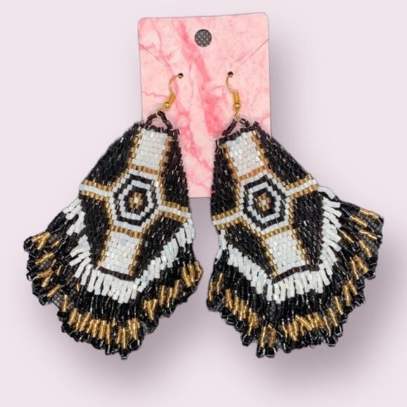 Black White & Gold Fringe Seed Bead Earrings - Picture 1 of 6